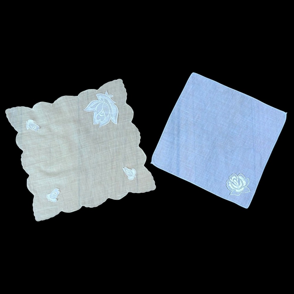 Vintage Women's Handkerchiefs White‎ Floral Embroidery Appliqué Scalloped Edges